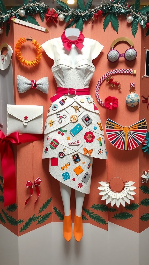 A collection of unique paper clothing items and accessories displayed festively.